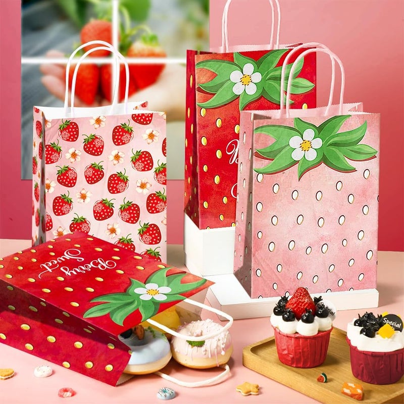 JOYGATHER 24 Pcs Strawberry Party Favor Bags With Handles - Berry Goodie Gift Bags for Kids, Kraft Paper for Birthday Party Supplies and Decorations - Image 4